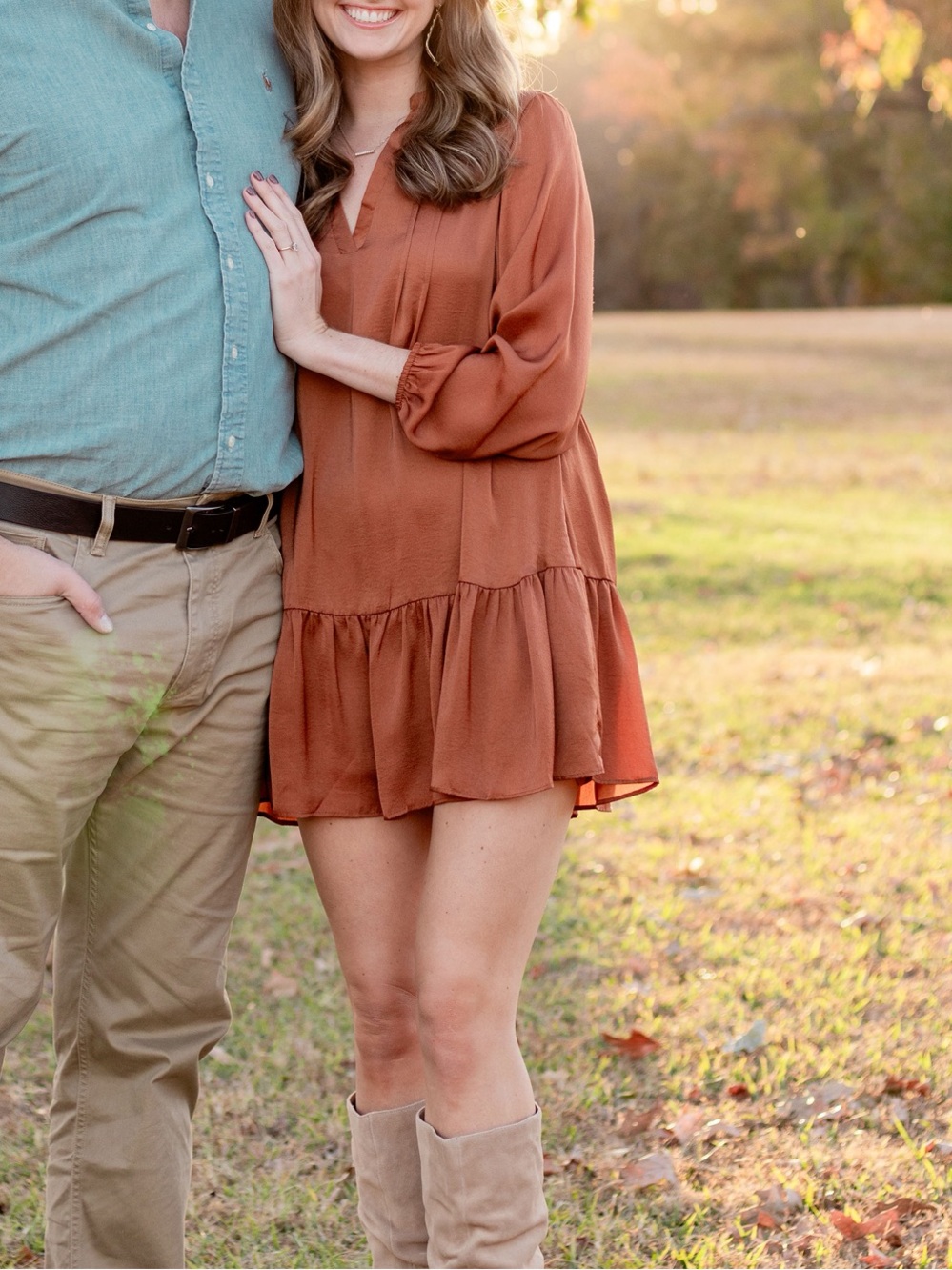 Rust Tiered V-Neck Mini Dress with Long Sleeves